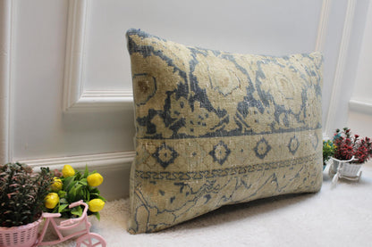 Handmade Kilim Lumbar Pillow Cover: Blue Beige Woven Rug, 16x24 inc