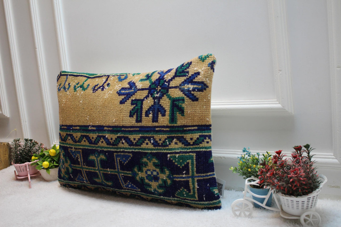 Handmade Kilim Lumbar Pillow Cover: Beige and Blue Rug Pillow (16x24 in)