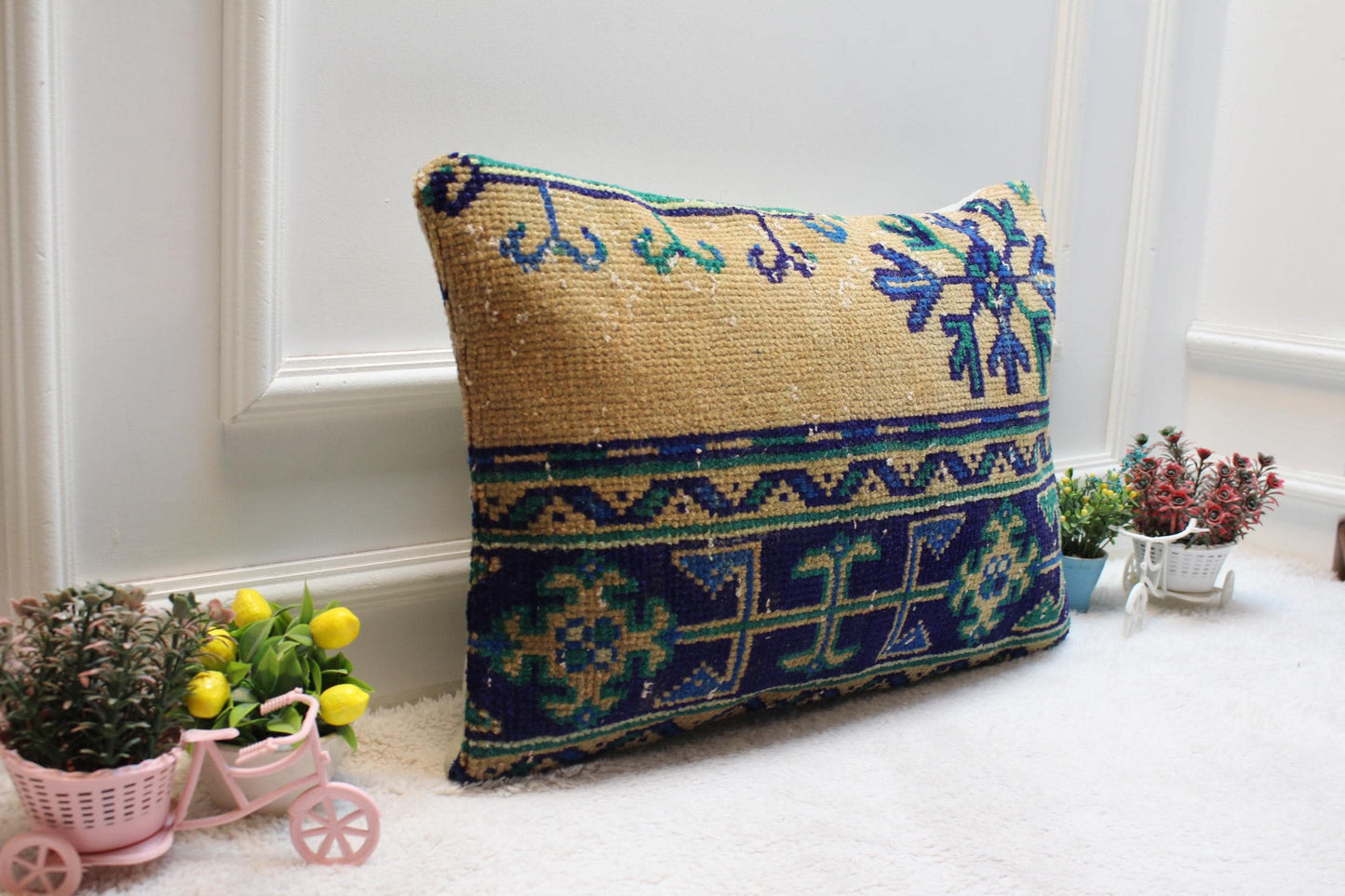 Handmade Kilim Lumbar Pillow Cover: Beige and Blue Rug Pillow (16x24 in)