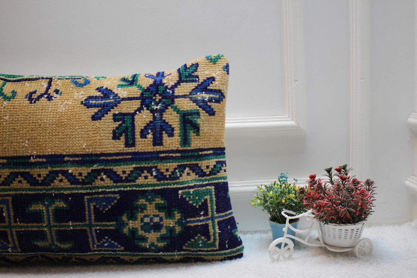 Handmade Kilim Lumbar Pillow Cover: Beige and Blue Rug Pillow (16x24 in)