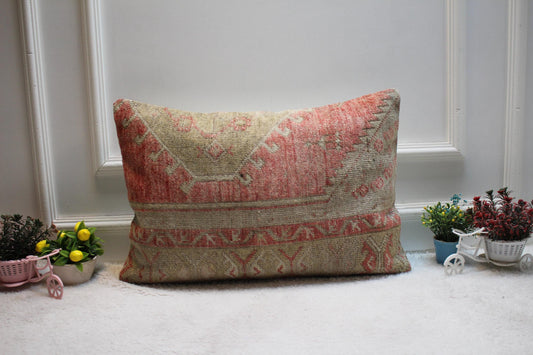 Handmade Kilim Lumbar Pillow Cover: Brown & Pink Organic Wool (16x24 in)