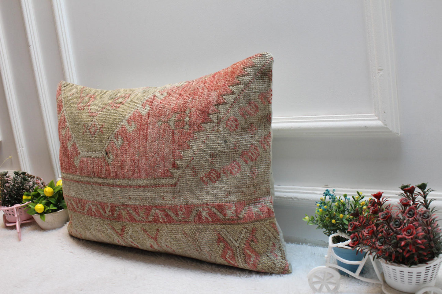 Handmade Kilim Lumbar Pillow Cover: Brown & Pink Organic Wool (16x24 in)