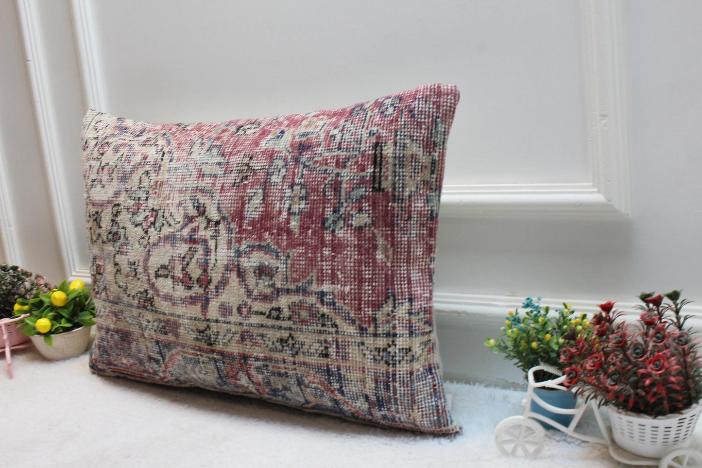 Handmade Kilim Lumbar Pillow Cover: Red Woven Rug, 16x24 inc