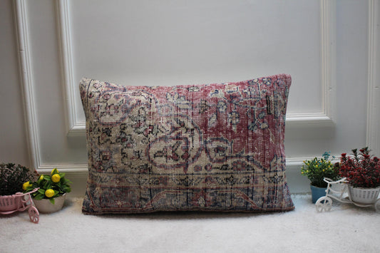 Handmade Kilim Lumbar Pillow Cover: Red Woven Rug, 16x24 inc