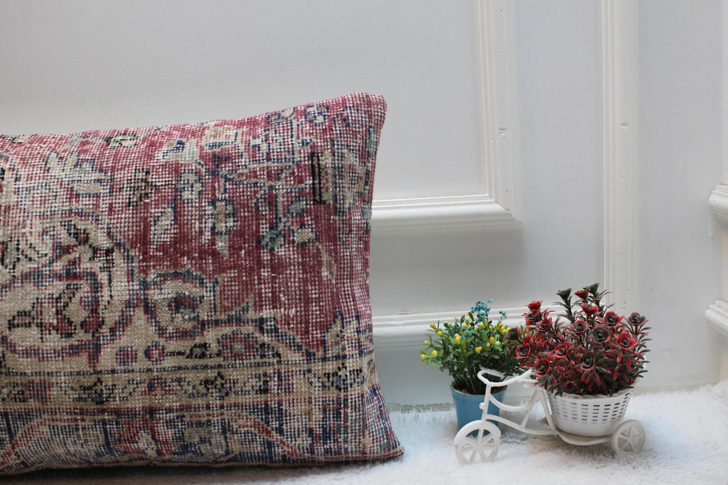 Handmade Kilim Lumbar Pillow Cover: Red Woven Rug, 16x24 inc