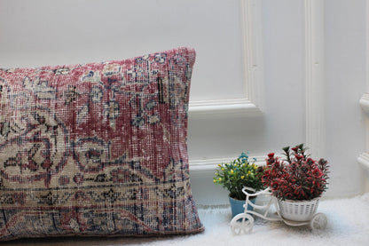 Handmade Kilim Lumbar Pillow Cover: Red Woven Rug, 16x24 inc