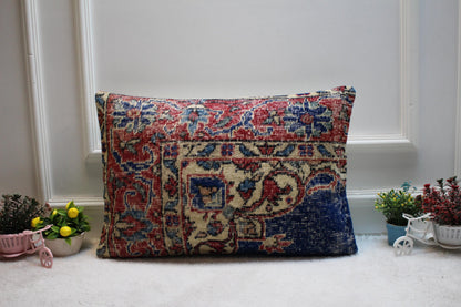 Vintage Kilim Pillow Cover: Red & Blue Wool, Anatolian Cushion (16x24 in)