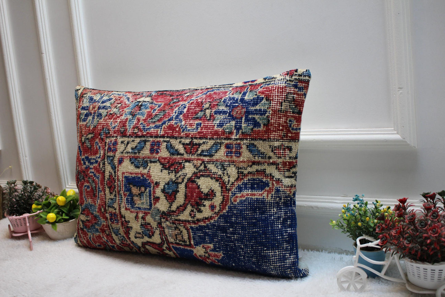 Vintage Kilim Pillow Cover: Red & Blue Wool, Anatolian Cushion (16x24 in)