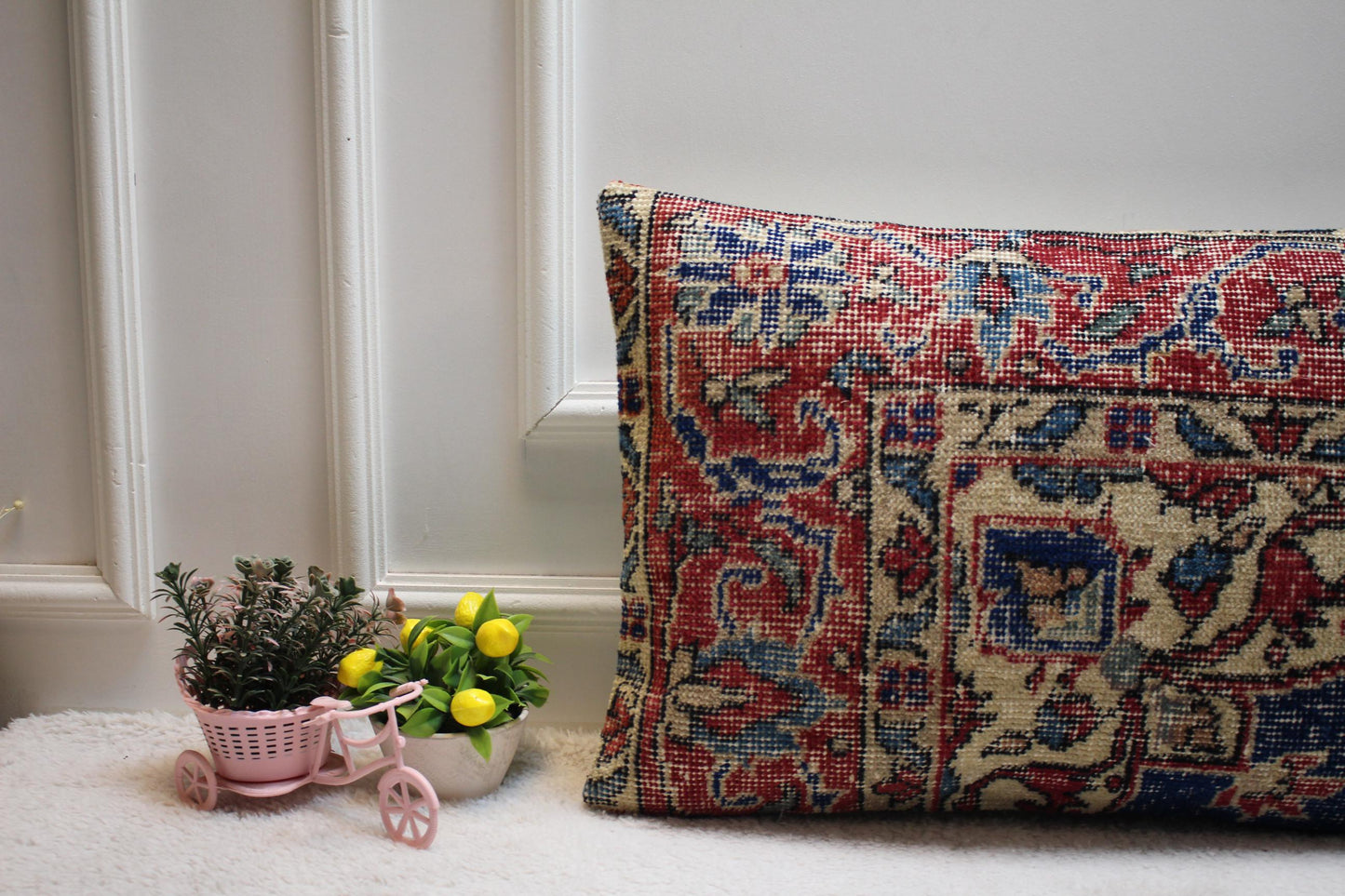 Vintage Kilim Pillow Cover: Red & Blue Wool, Anatolian Cushion (16x24 in)