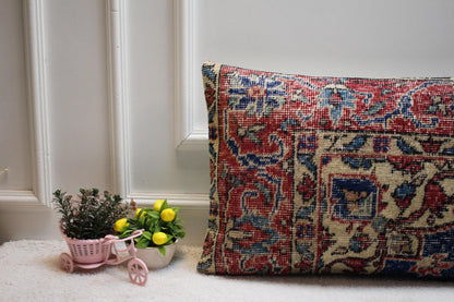 Vintage Kilim Pillow Cover: Red & Blue Wool, Anatolian Cushion (16x24 in)