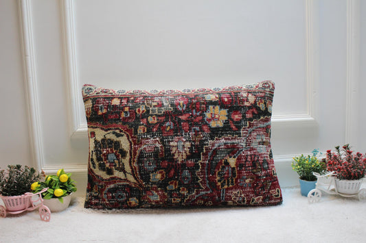 Handmade Kilim Lumbar Pillow Cover: Upcycled Woven Rug, Rustic Home Decor (16x24 in)