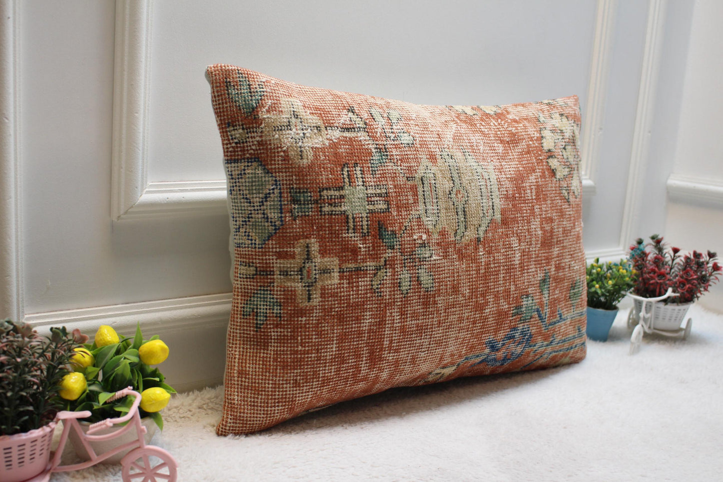 Handmade Kilim Lumbar Pillow Cover: Red Beige Vintage Rug Design (16x24 Inch)