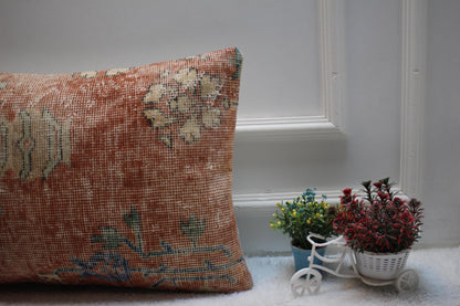 Handmade Kilim Lumbar Pillow Cover: Red Beige Vintage Rug Design (16x24 Inch)