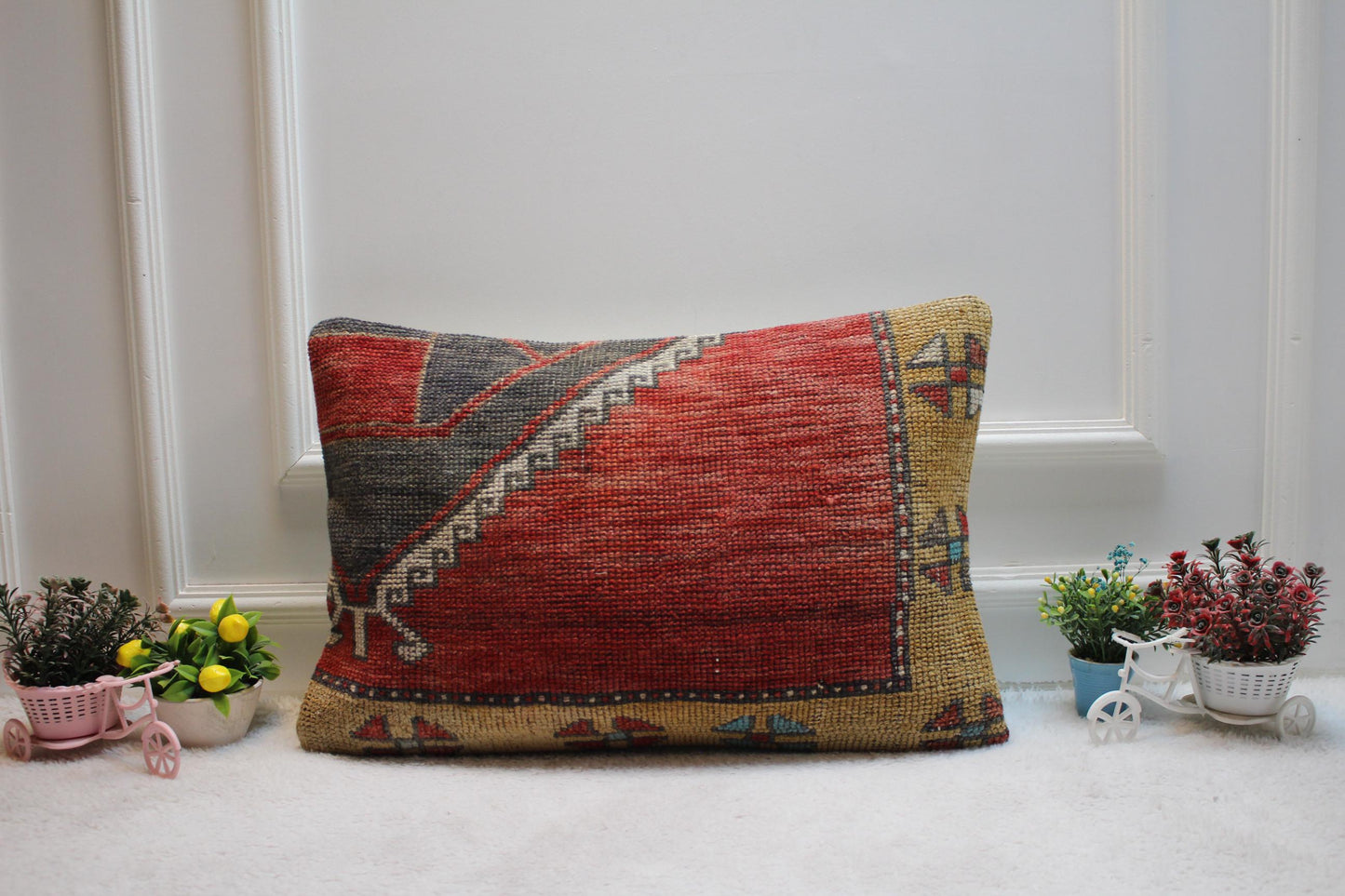 Red Turkish Rug Lumbar Pillow Cover: Vintage Kilim, 16x24 inch