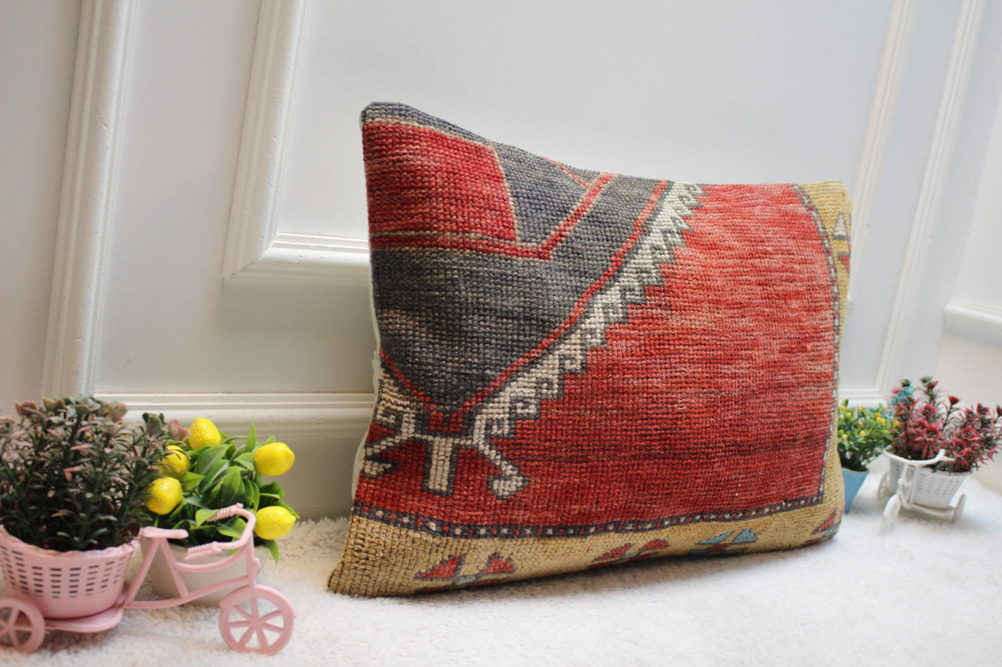 Red Turkish Rug Lumbar Pillow Cover: Vintage Kilim, 16x24 inch