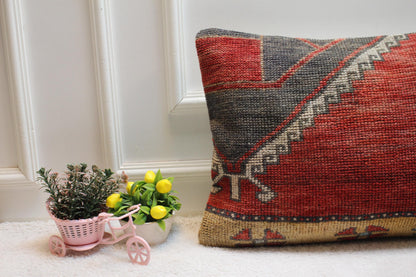 Red Turkish Rug Lumbar Pillow Cover: Vintage Kilim, 16x24 inch