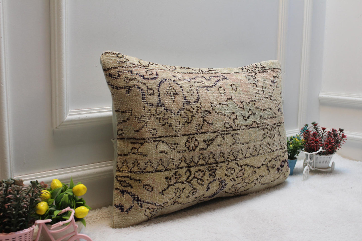 Handmade Turkish Rug Pillow Cover: Organic Wool Lumbar Cushion 16x24"