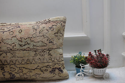 Handmade Turkish Rug Pillow Cover: Organic Wool Lumbar Cushion 16x24"