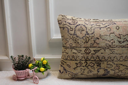 Handmade Turkish Rug Pillow Cover: Organic Wool Lumbar Cushion 16x24"