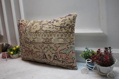 Handmade Kilim Pillow Cover: Upcycled Woven Rug, Beige Floral (16x24 inc)