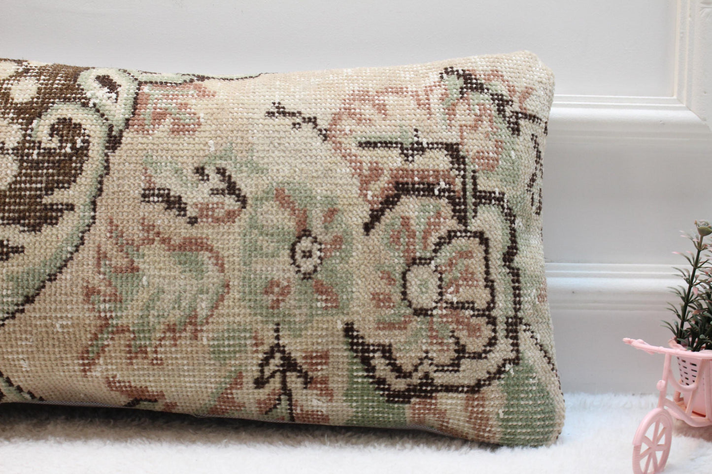 Floral Turkish Rug Pillow: Handmade Wool Lumbar Cushion 12x24 inc