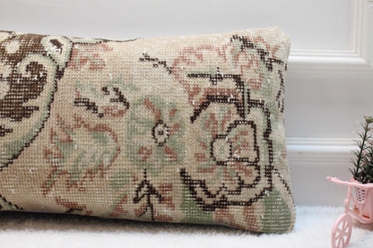 Floral Turkish Rug Pillow: Handmade Wool Lumbar Cushion 12x24 inc
