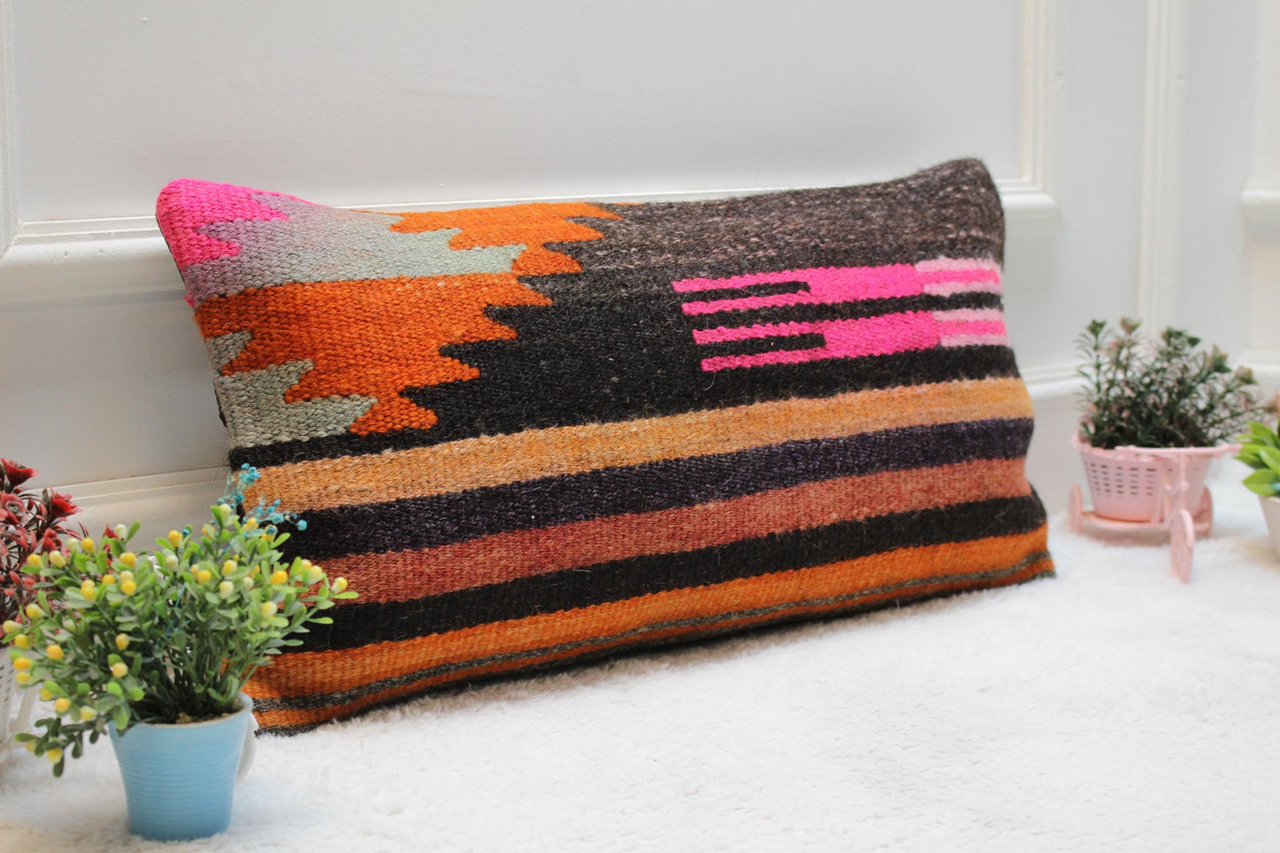 Handmade Kilim Lumbar Pillow Cover: Vintage Woven Rug, 12x24 inc
