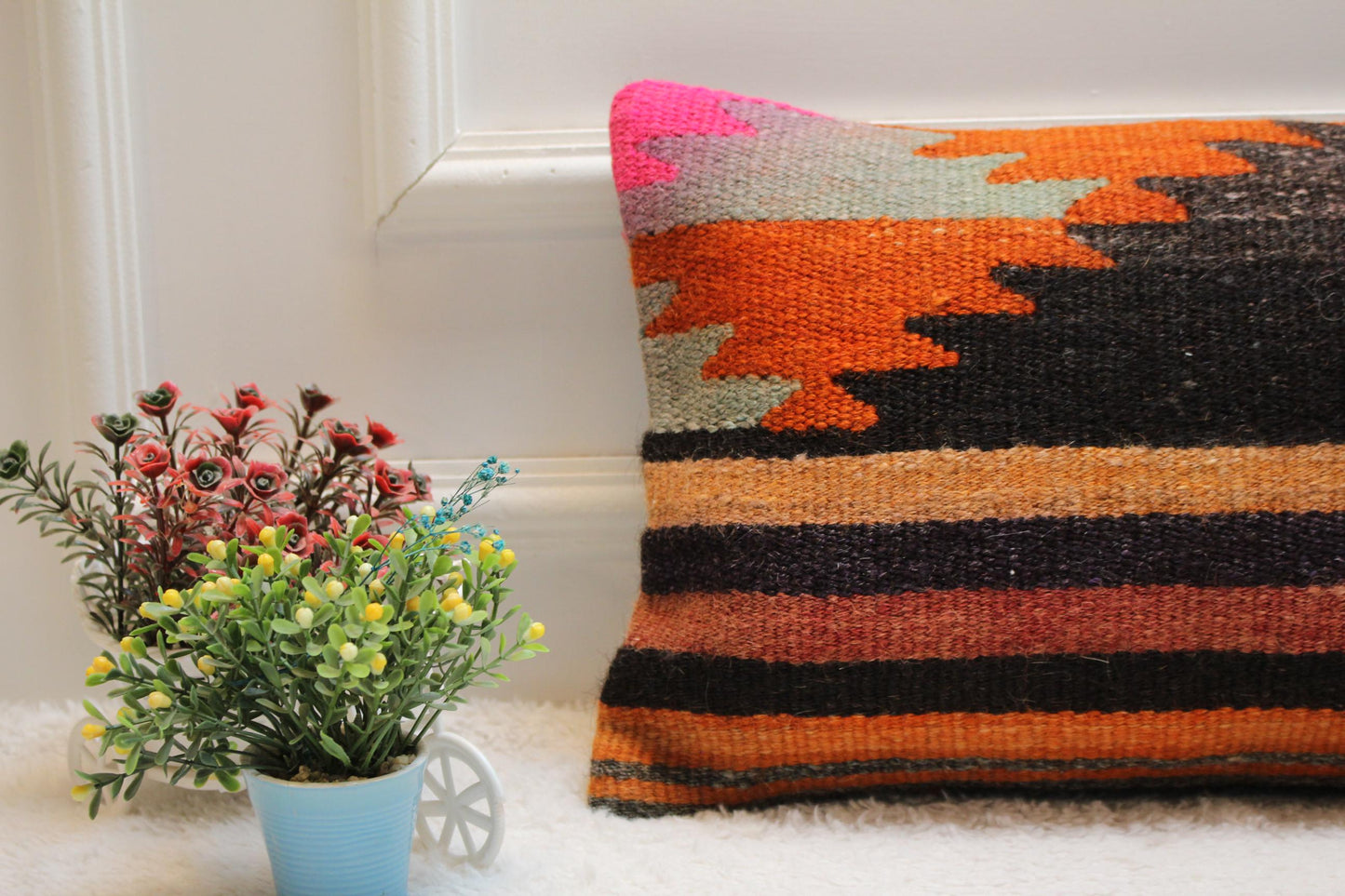 Handmade Kilim Lumbar Pillow Cover: Vintage Woven Rug, 12x24 inc