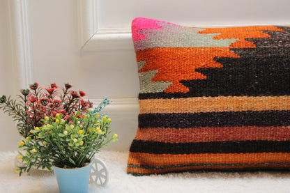 Handmade Kilim Lumbar Pillow Cover: Vintage Woven Rug, 12x24 inc