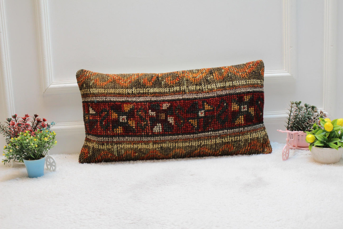 Vintage Turkish Rug Pillow Cover: Upcycled Kilim Lumbar Cushion (12x24 in)