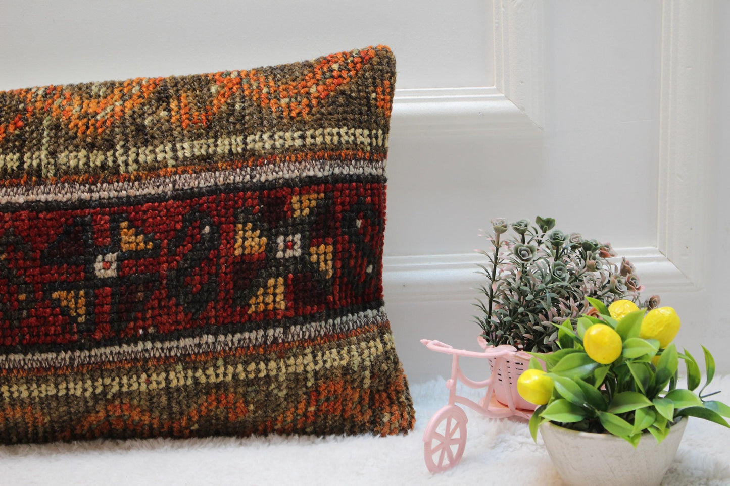 Vintage Turkish Rug Pillow Cover: Upcycled Kilim Lumbar Cushion (12x24 in)