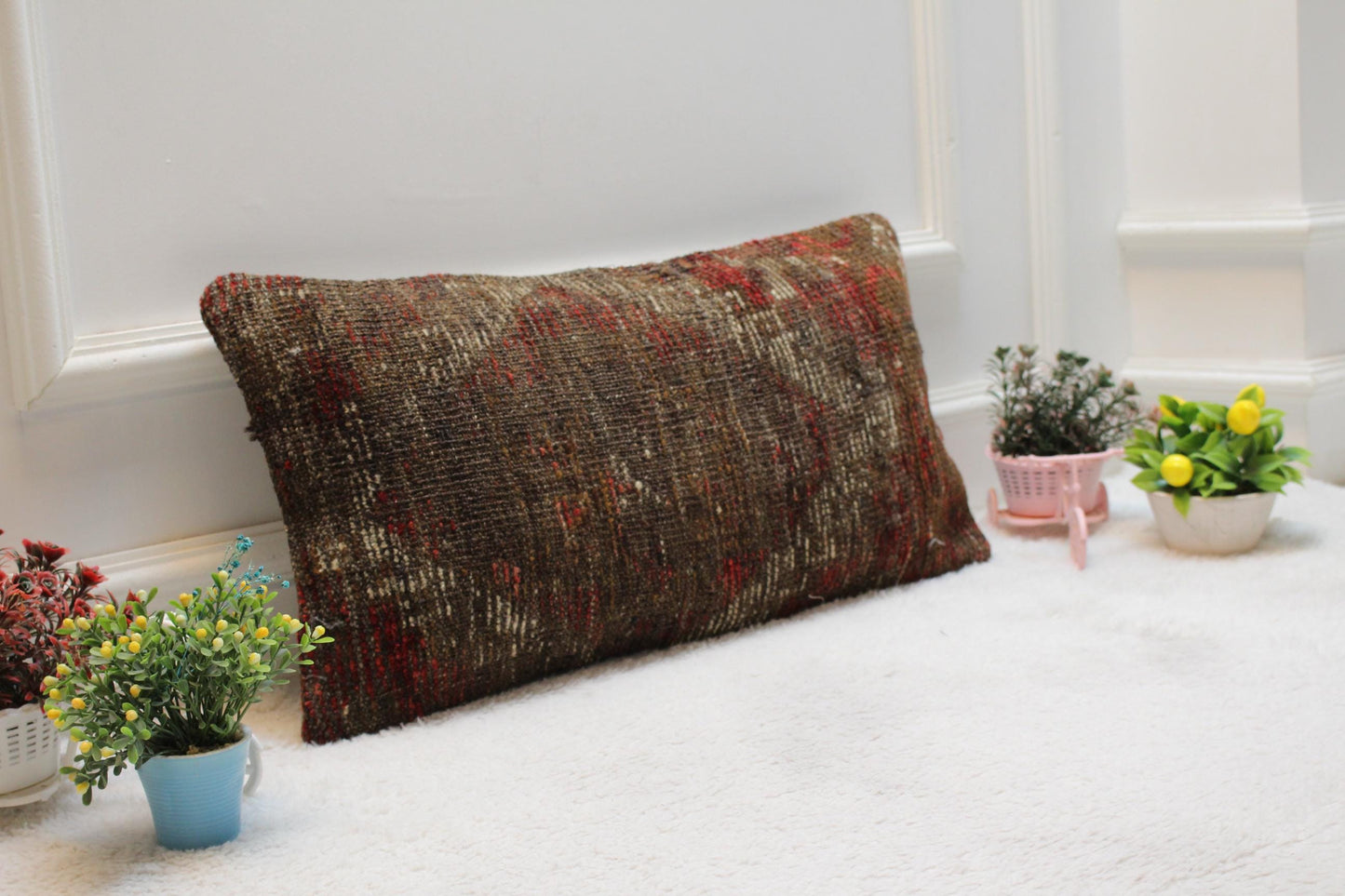 Vintage Turkish Kilim Pillow Cover: Red & Brown Lumbar Pillow, 12x24 inch