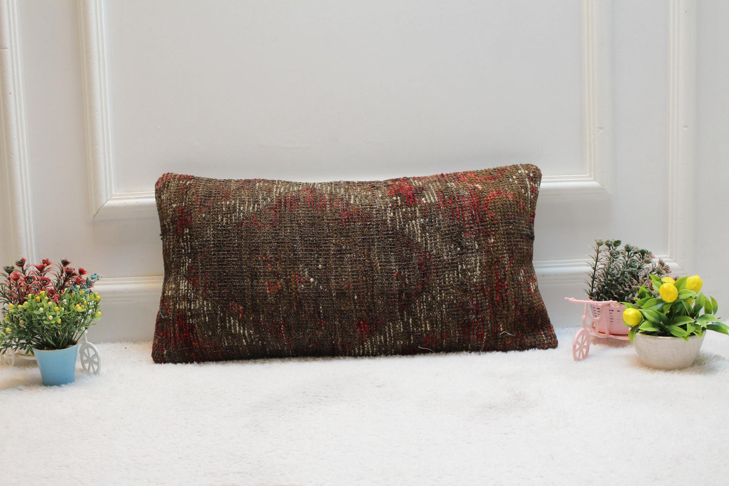 Vintage Turkish Kilim Pillow Cover: Red & Brown Lumbar Pillow, 12x24 inch