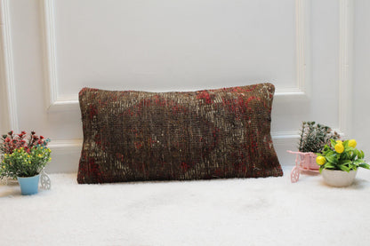 Vintage Turkish Kilim Pillow Cover: Red & Brown Lumbar Pillow, 12x24 inch