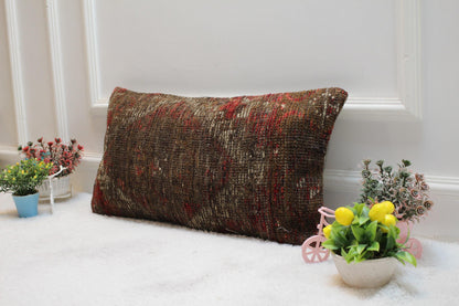 Vintage Turkish Kilim Pillow Cover: Red & Brown Lumbar Pillow, 12x24 inch