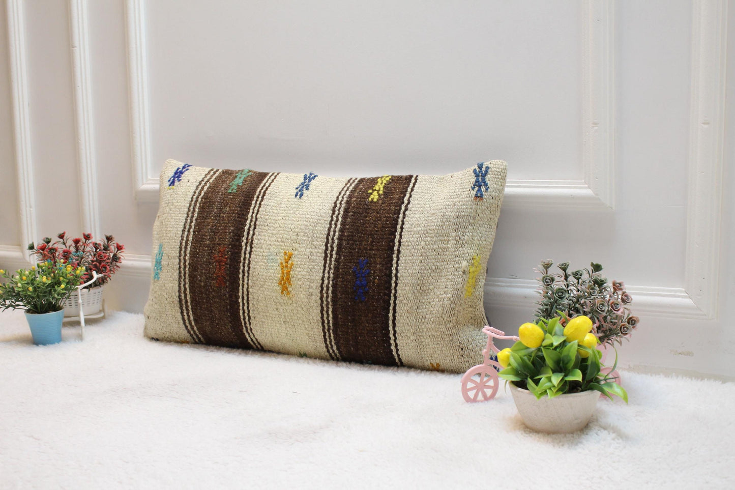 Striped Kilim Pillow Cover (12x24 in): Handmade Upcycled Woven Rug