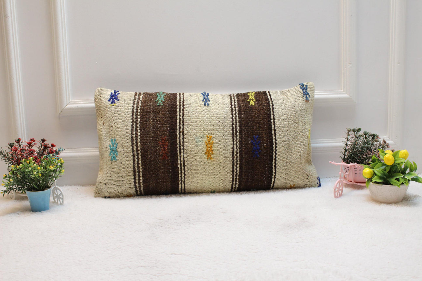 Striped Kilim Pillow Cover (12x24 in): Handmade Upcycled Woven Rug