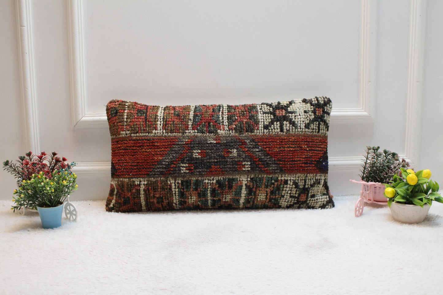Handmade Red Kilim Lumbar Pillow Cover: Vintage Turkish Rug, 12x24 inch