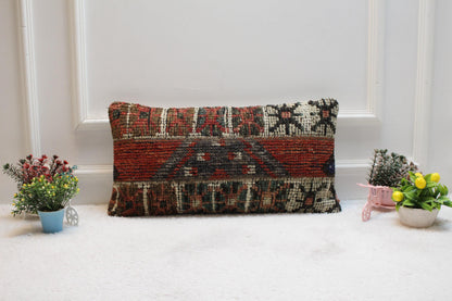 Handmade Red Kilim Lumbar Pillow Cover: Vintage Turkish Rug, 12x24 inch
