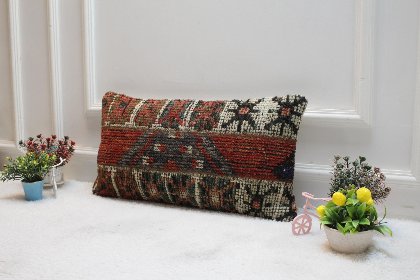 Handmade Red Kilim Lumbar Pillow Cover: Vintage Turkish Rug, 12x24 inch