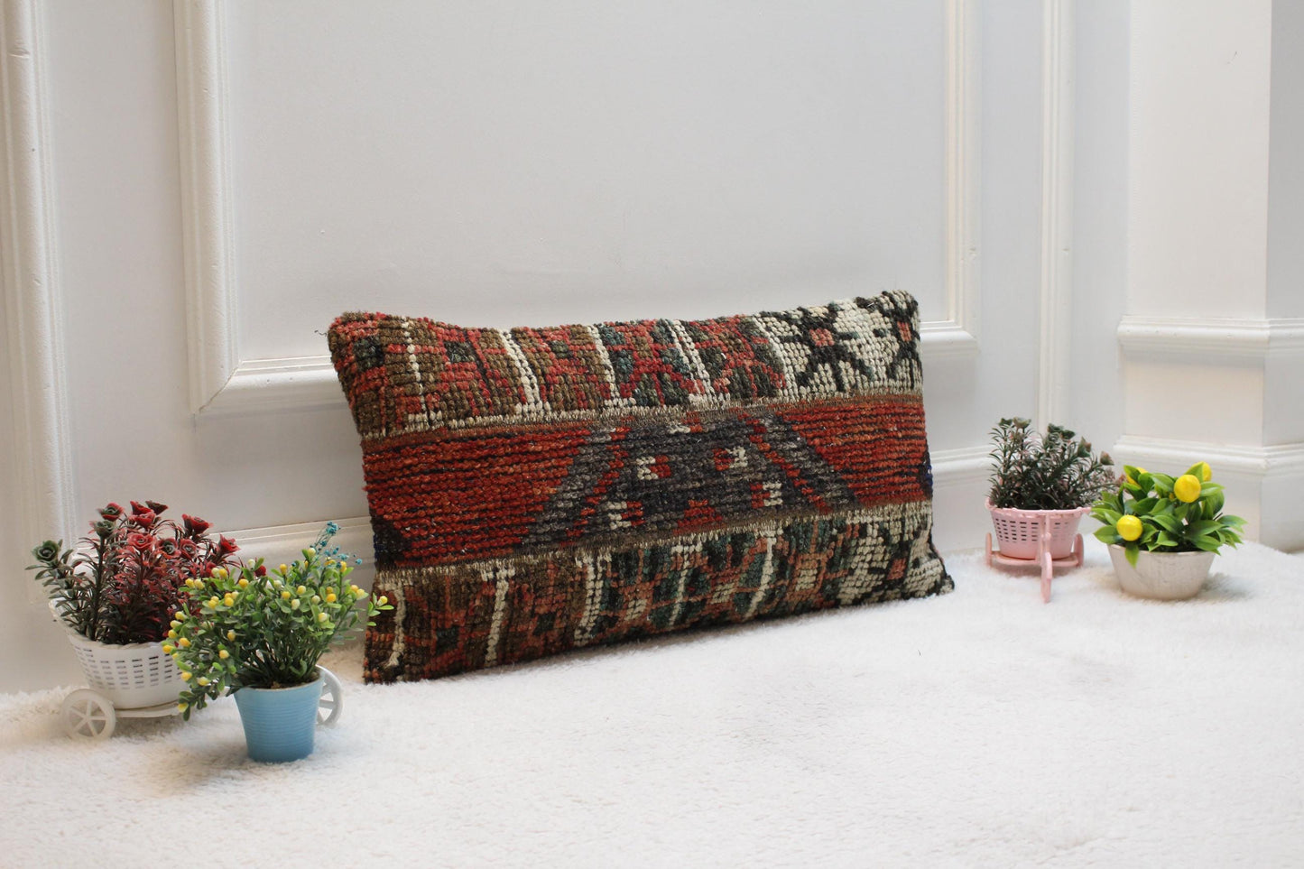 Handmade Red Kilim Lumbar Pillow Cover: Vintage Turkish Rug, 12x24 inch