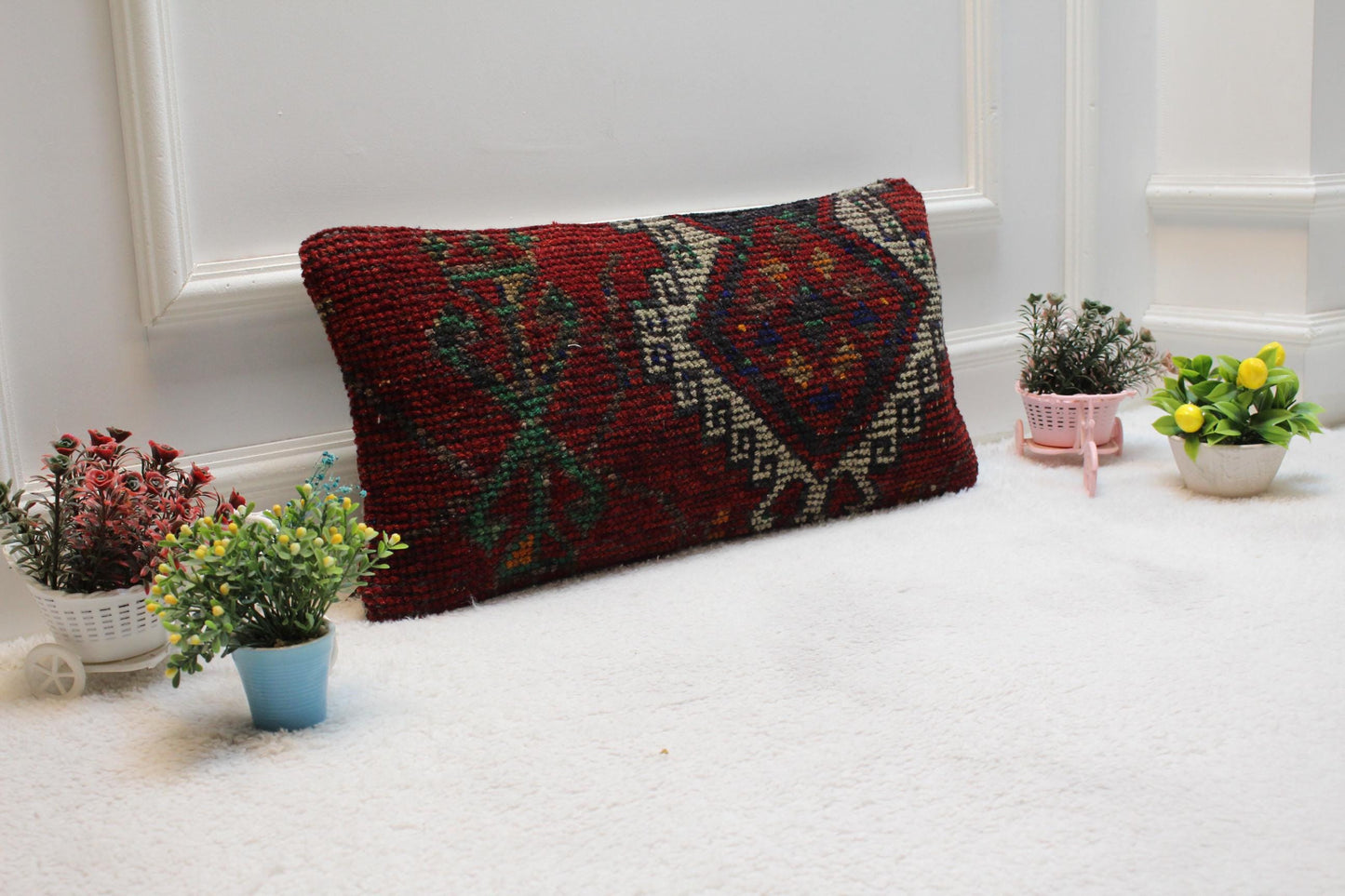 Red Vintage Turkish Rug Lumbar Pillow Cover: 12x24 inc, Handmade Kilim