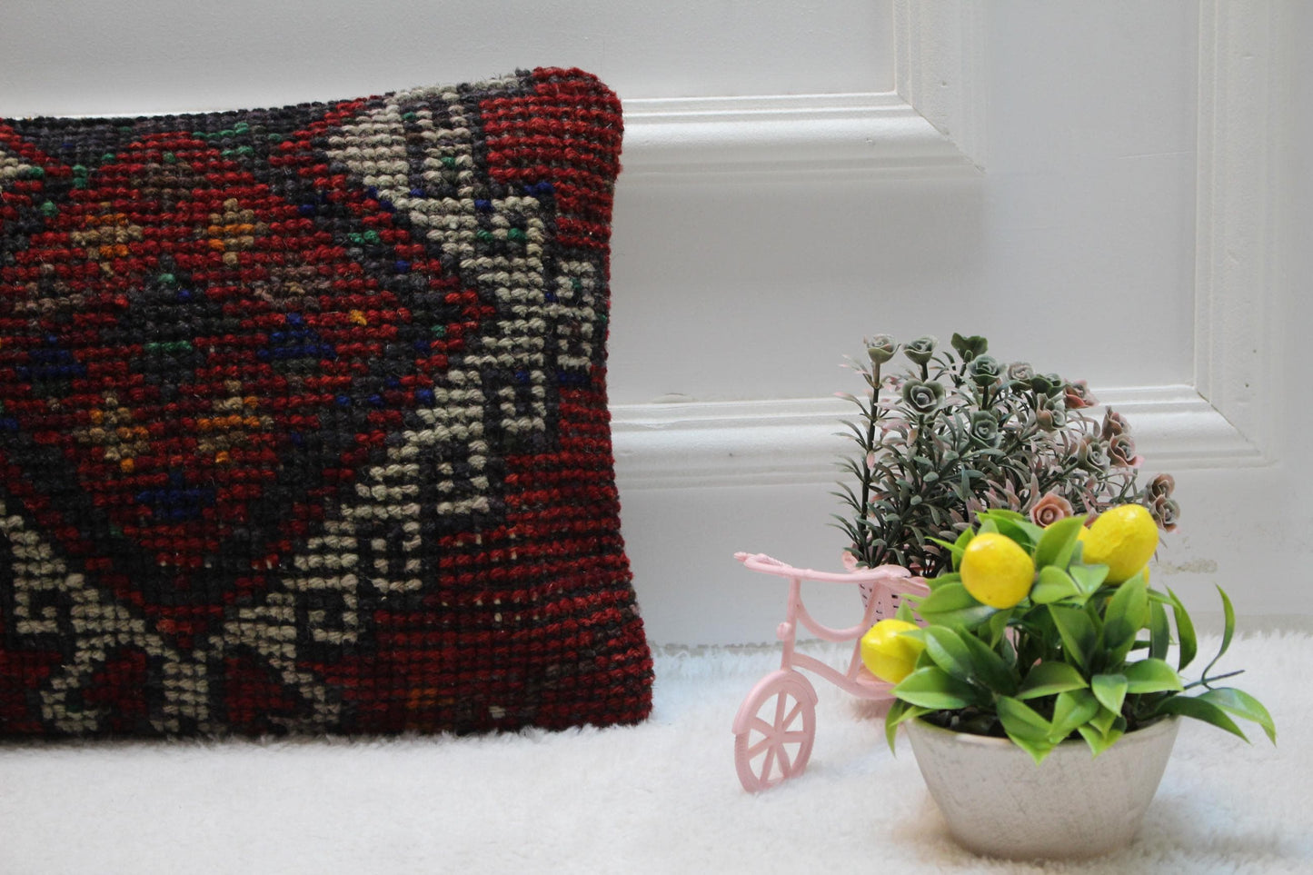 Red Vintage Turkish Rug Lumbar Pillow Cover: 12x24 inc, Handmade Kilim
