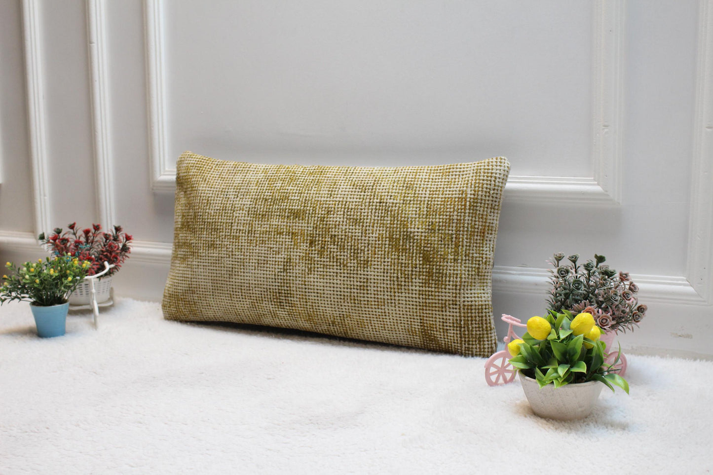 Handmade Kilim Lumbar Pillow Cover: Yellow Woven Rug, 12x24 inc