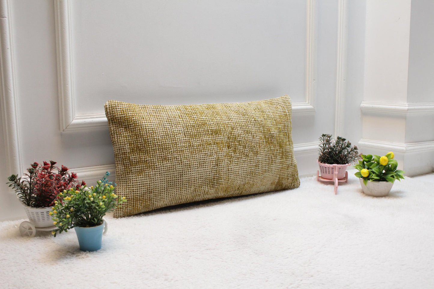 Handmade Kilim Lumbar Pillow Cover: Yellow Woven Rug, 12x24 inc