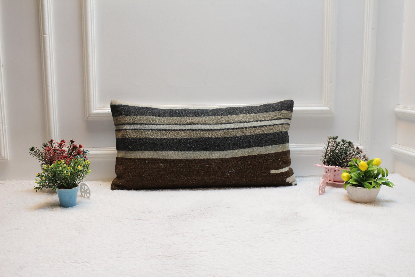 Striped Vintage Turkish Kilim Lumbar Pillow Cover: 12x24 Organic Wool