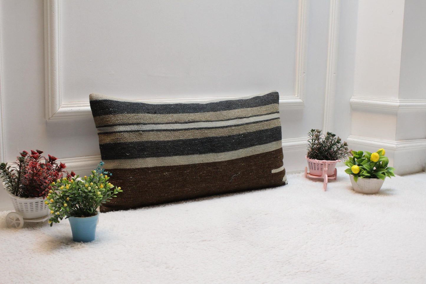 Striped Vintage Turkish Kilim Lumbar Pillow Cover: 12x24 Organic Wool