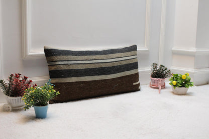 Striped Vintage Turkish Kilim Lumbar Pillow Cover: 12x24 Organic Wool