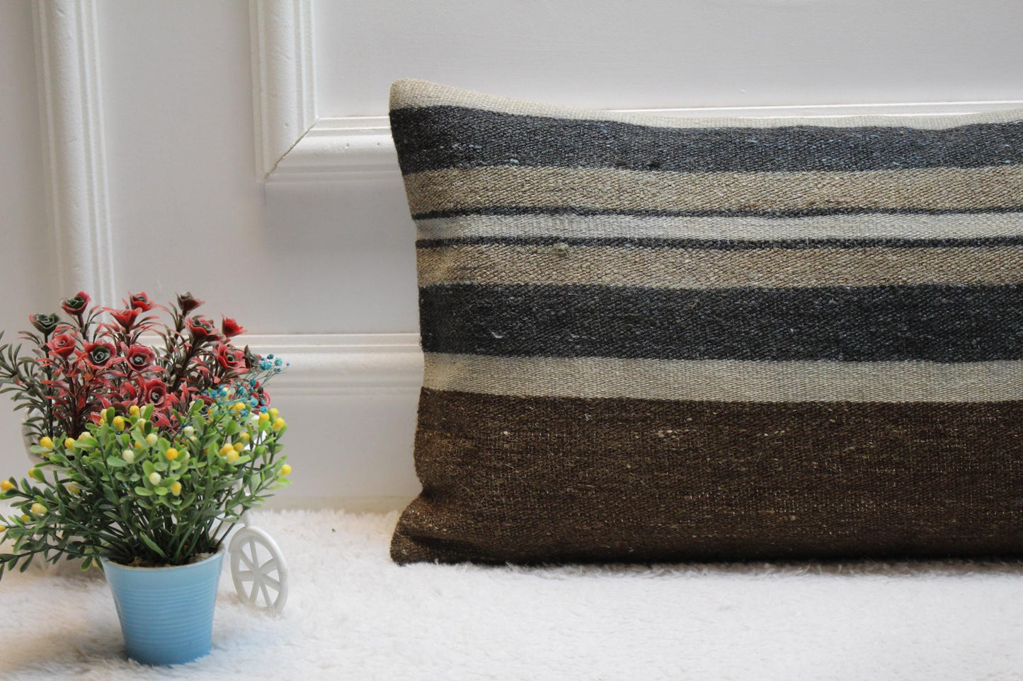 Striped Vintage Turkish Kilim Lumbar Pillow Cover: 12x24 Organic Wool