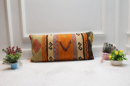Orange Vintage Kilim Pillow Cover: 12x24 inch Wool Lumbar Pillow